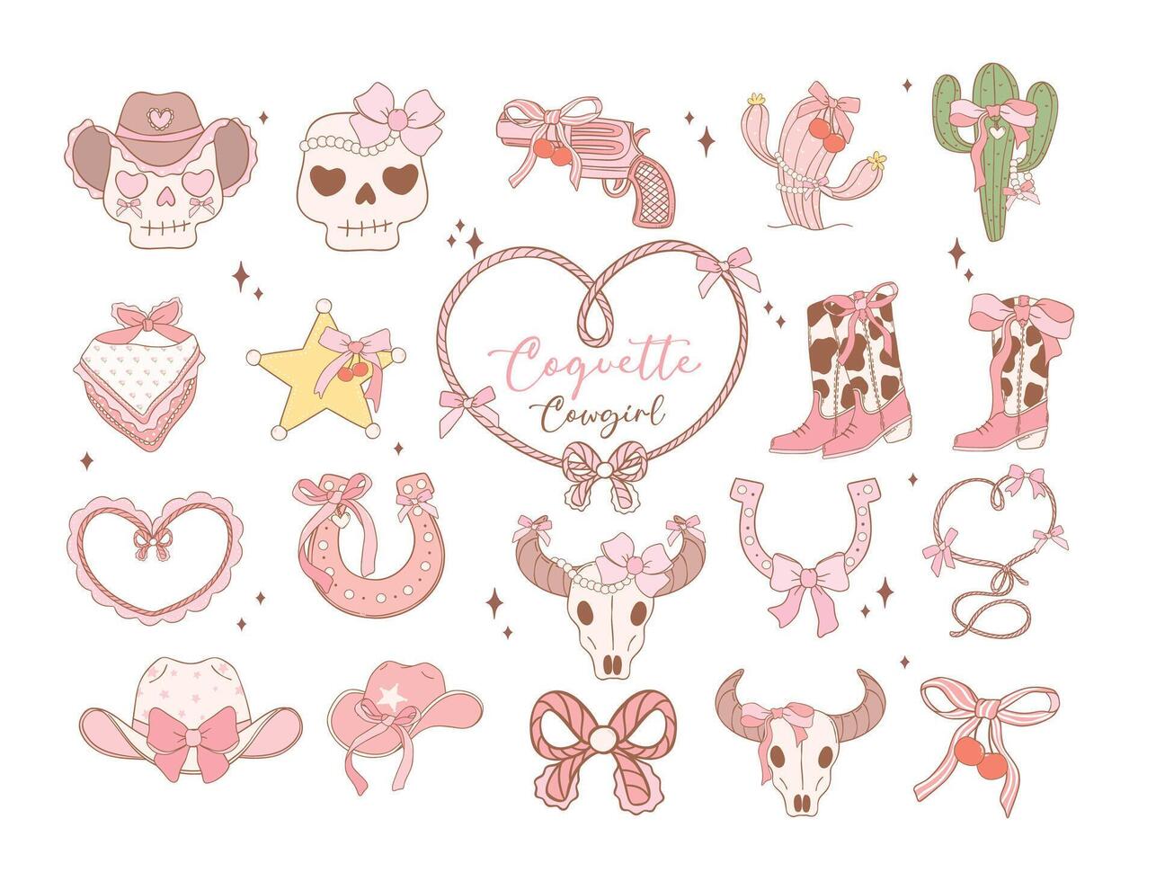 Coquette Cowgirl Pink ribbon bow Cartoon Doodle trendy collection.  Playful and Whimsical Illustration. vector