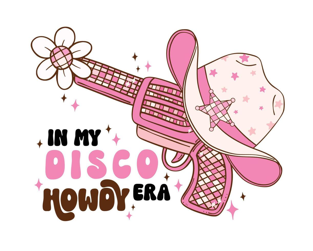 Disco Cowgirl hat and gun doodle hand drawing illustration, trendy retro groovy vibes disco era. vector