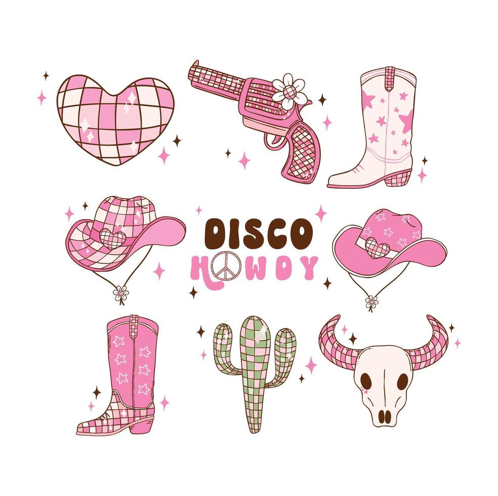 Disco Cowgirl element set doodle hand drawing illustration, trendy retro groovy vibes disco era. vector