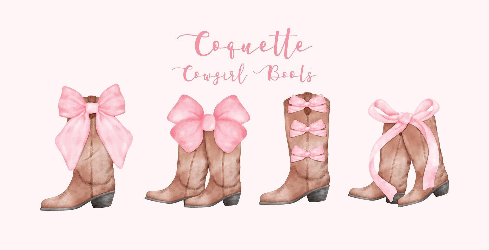 Coquette Cowgirl Boots with Pink ribbon Bow Watercolor set. Retro Aesthetic Hand Painted Illustration banner vector