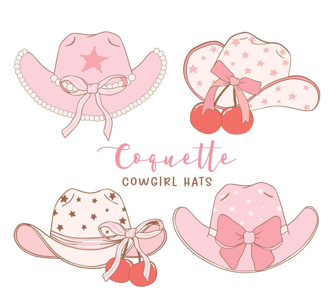 set of Coquette Cowgirl Hats with pink Ribbon Bow and cherries Hand Drawn Doodle illustration. vector