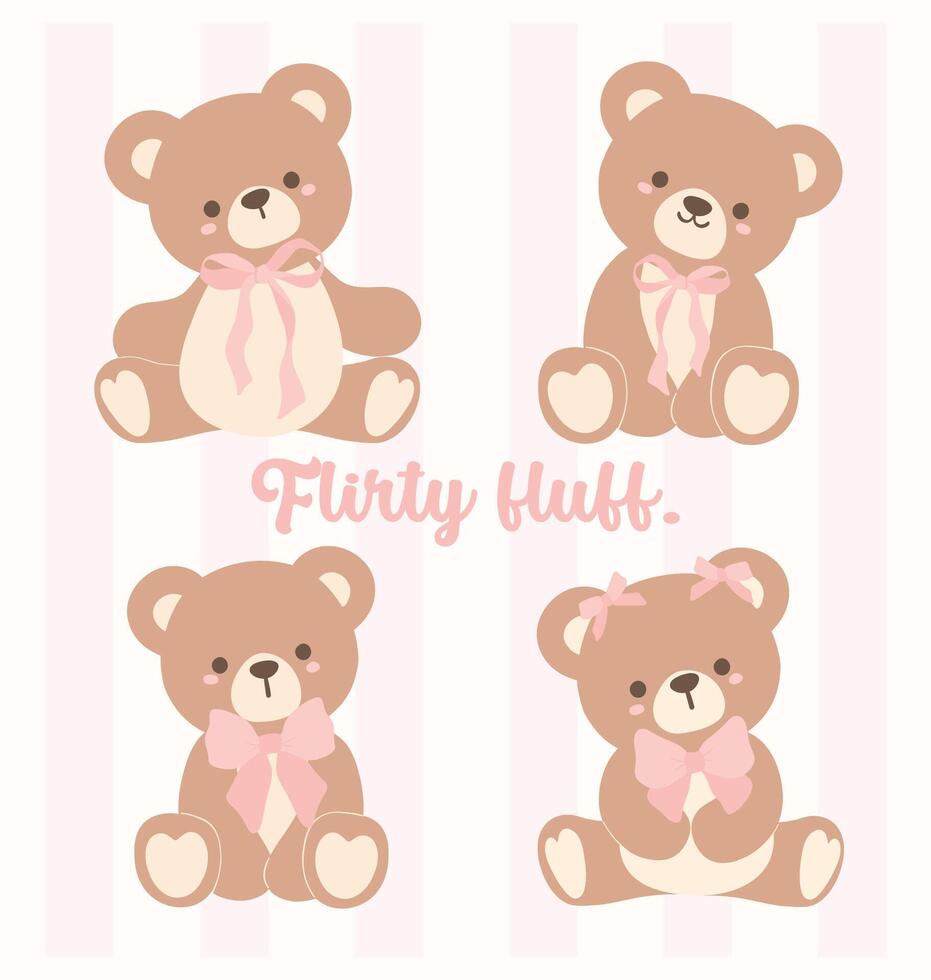 Set of cute Coquette Teddy Bear with Pink Ribbon Bow, Adorable Illustration vector