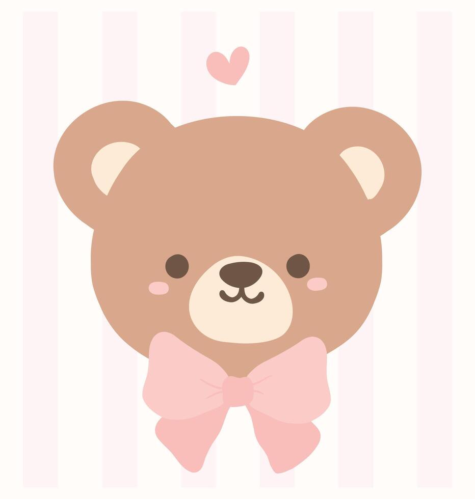 Cute coquette teddy bear face adorned with a pink ribbon bow cartoon hand drawn flat design. vector