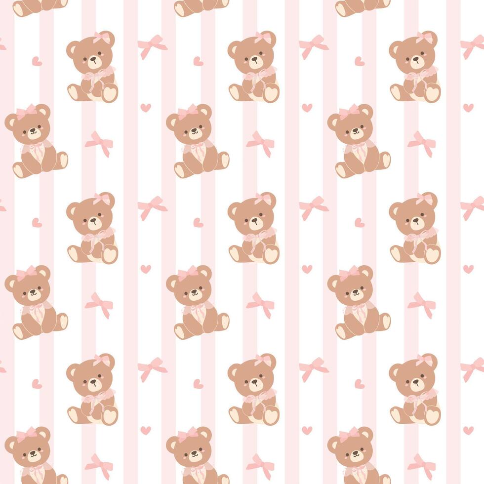 Coquette Teddy Bear with Pink Ribbon Bow Pattern. Seamless Isolated on white Background. vector