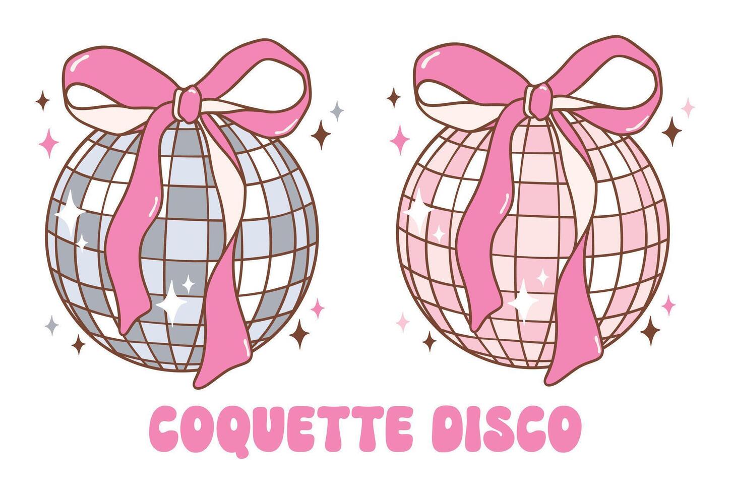 Coquette Disco ball with pink ribbon bow illustration, trendy groovy vibes disco era. vector