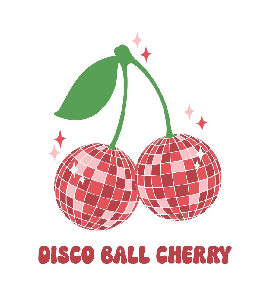 Disco ball cherry red illustration, trendy groovy vibes disco era. vector