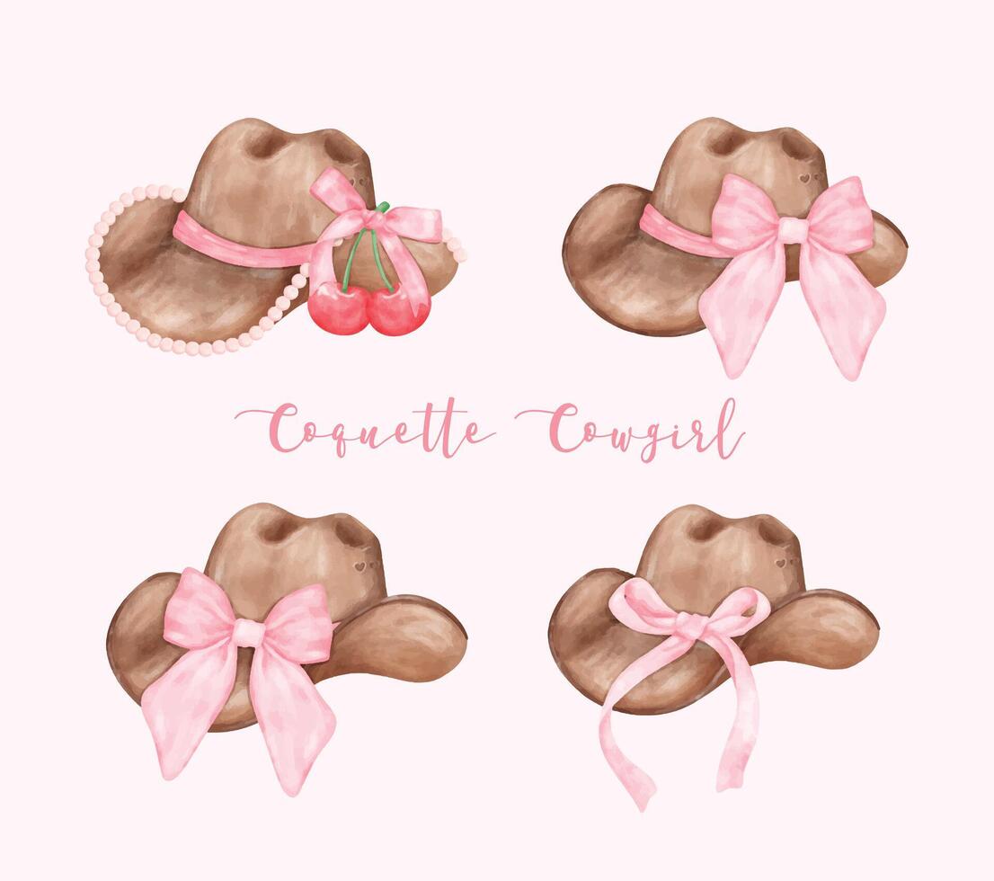 Watercolor Coquette Cowgirl Hat with pink ribbon bow collection. Feminine cowboy hat Whimsical Illustration. vector