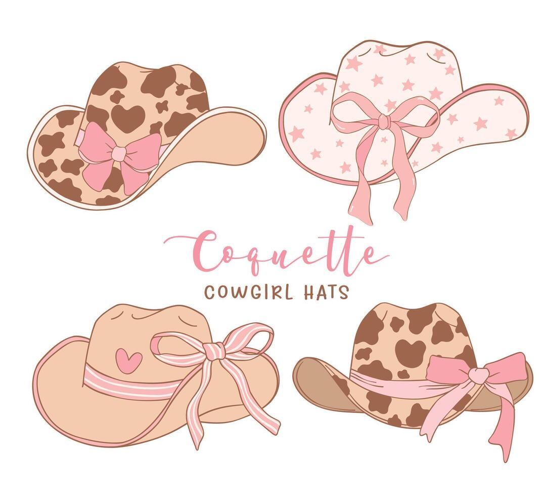 set of Coquette Cowgirl Hats with pink Ribbon Bow Retro vibe Hand Drawn Doodle illustration. vector