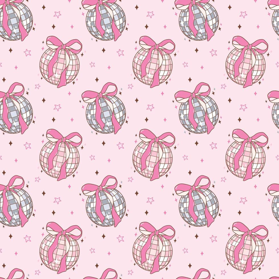 Coquette Pink Disco Ball Doodle Seamless Pattern Groovy Retro Vibes vector