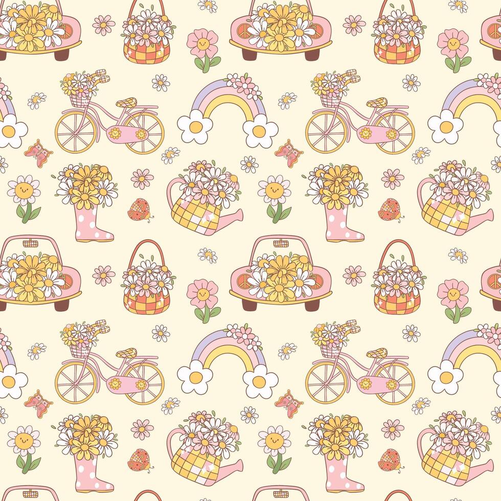 Retro Groovy Spring Doodle Seamless Pattern. Playful and Nostalgic kid Design isolated on background. vector