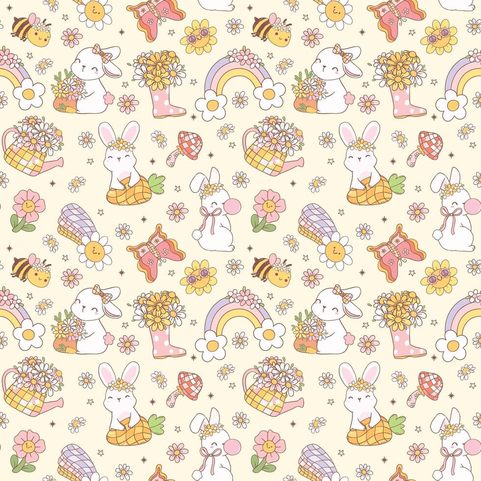 Retro Groovy Spring bunny Doodle Seamless Pattern. Playful and Nostalgic kid Design isolated on background. vector