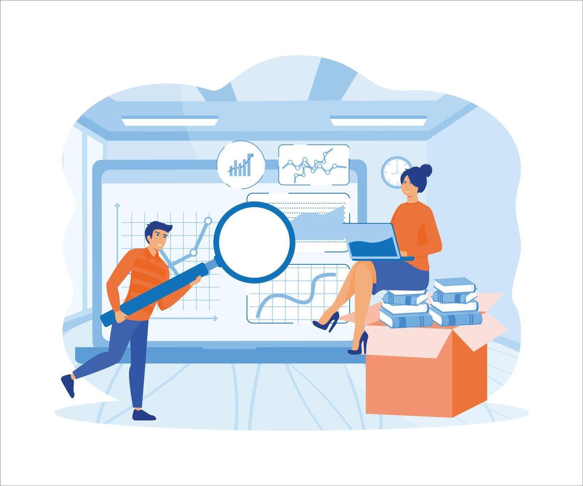 Data analysis concept. People characters working with data visualization, analyzing tables, charts and graphs at business dashboard.  flat vector modern illustration