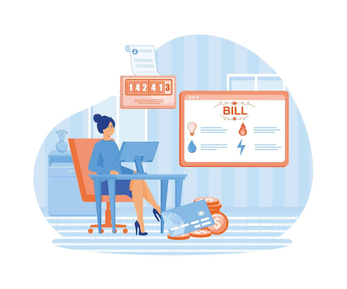 Energy efficiency in household and industry. Person checks heating meter and pays household utility bill on website.flat vector modern illustration