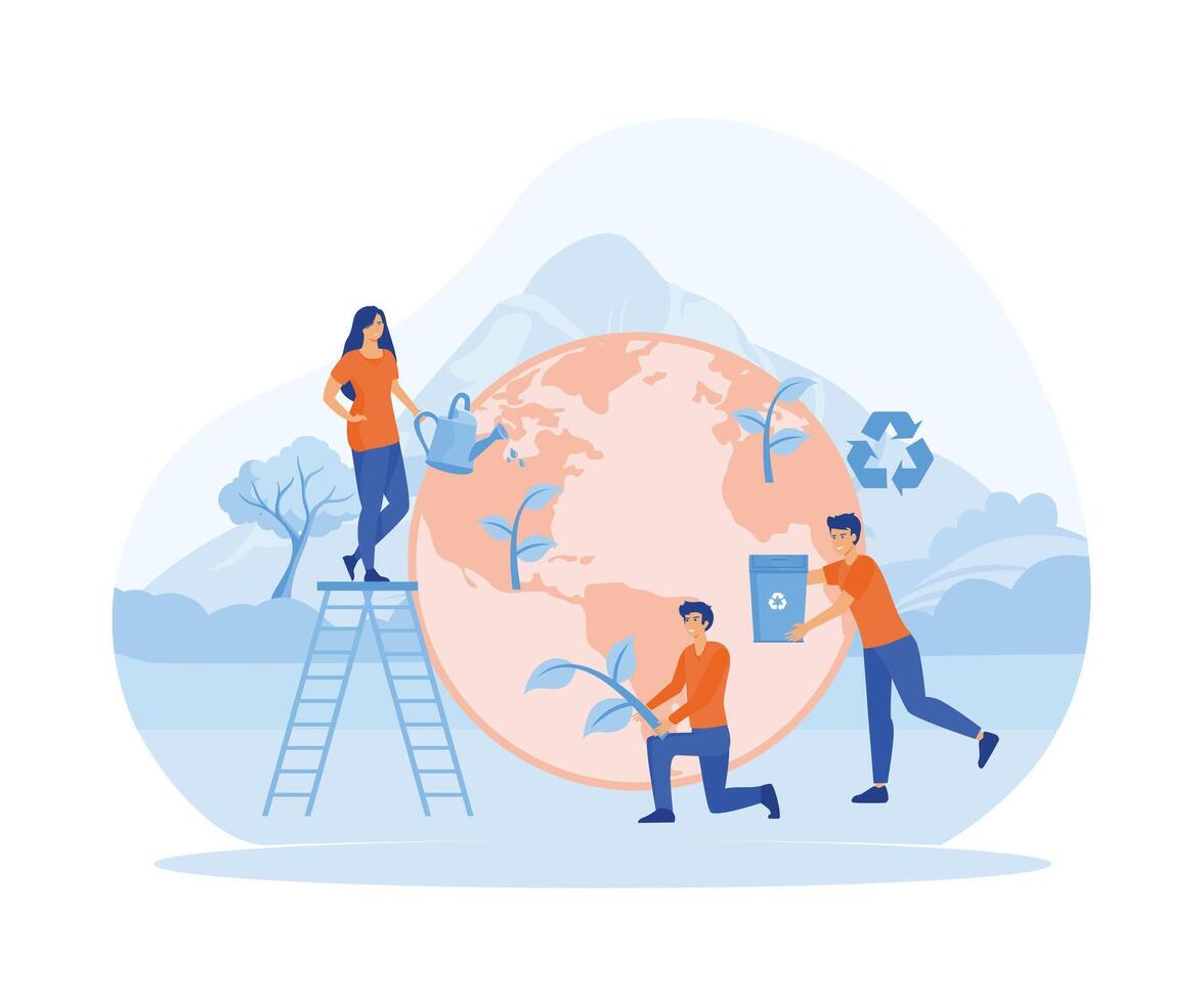 Ecology concept. People are preparing for the holiday, saving the planet. flat vector modern illustration