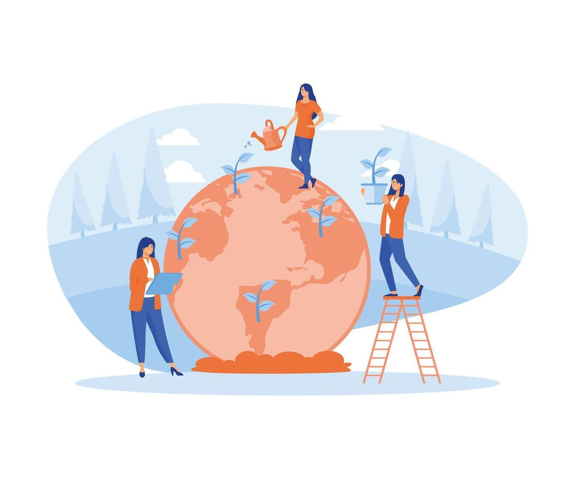 Ecology concept. People take care about planet ecology. Globe with trees, plants and volunteer people.  flat vector modern illustration