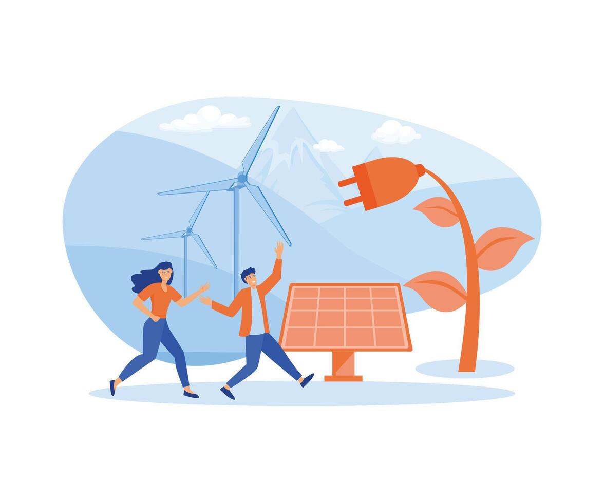 Ecology concept. Young woman and man running near solar panels, wind turbines, rain power. flat vector modern illustration