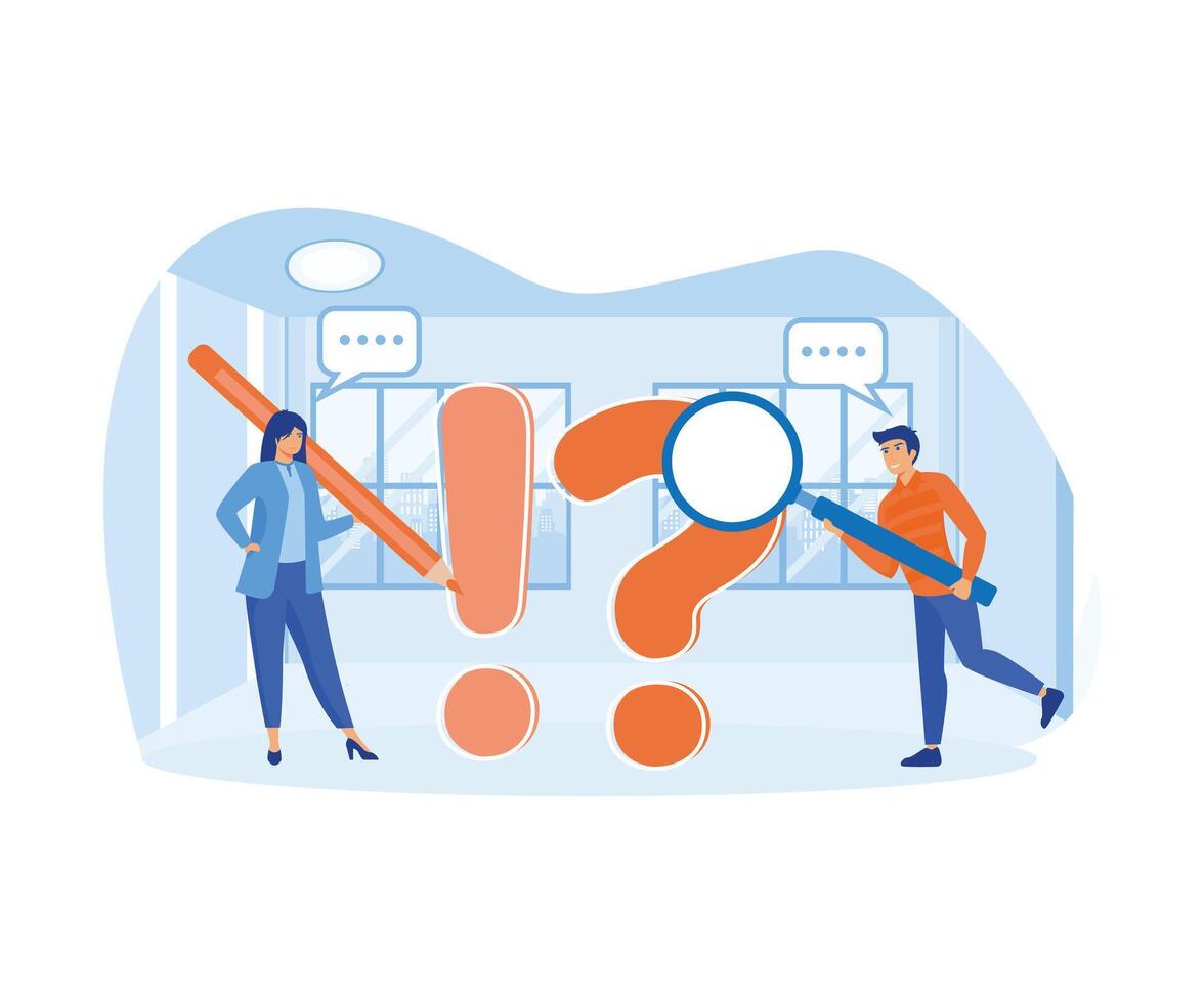 Frequently asked questions or problem solving, solution or support idea concept, businessman and woman with exclamation mark, question mark with speech bubble conversation. vector