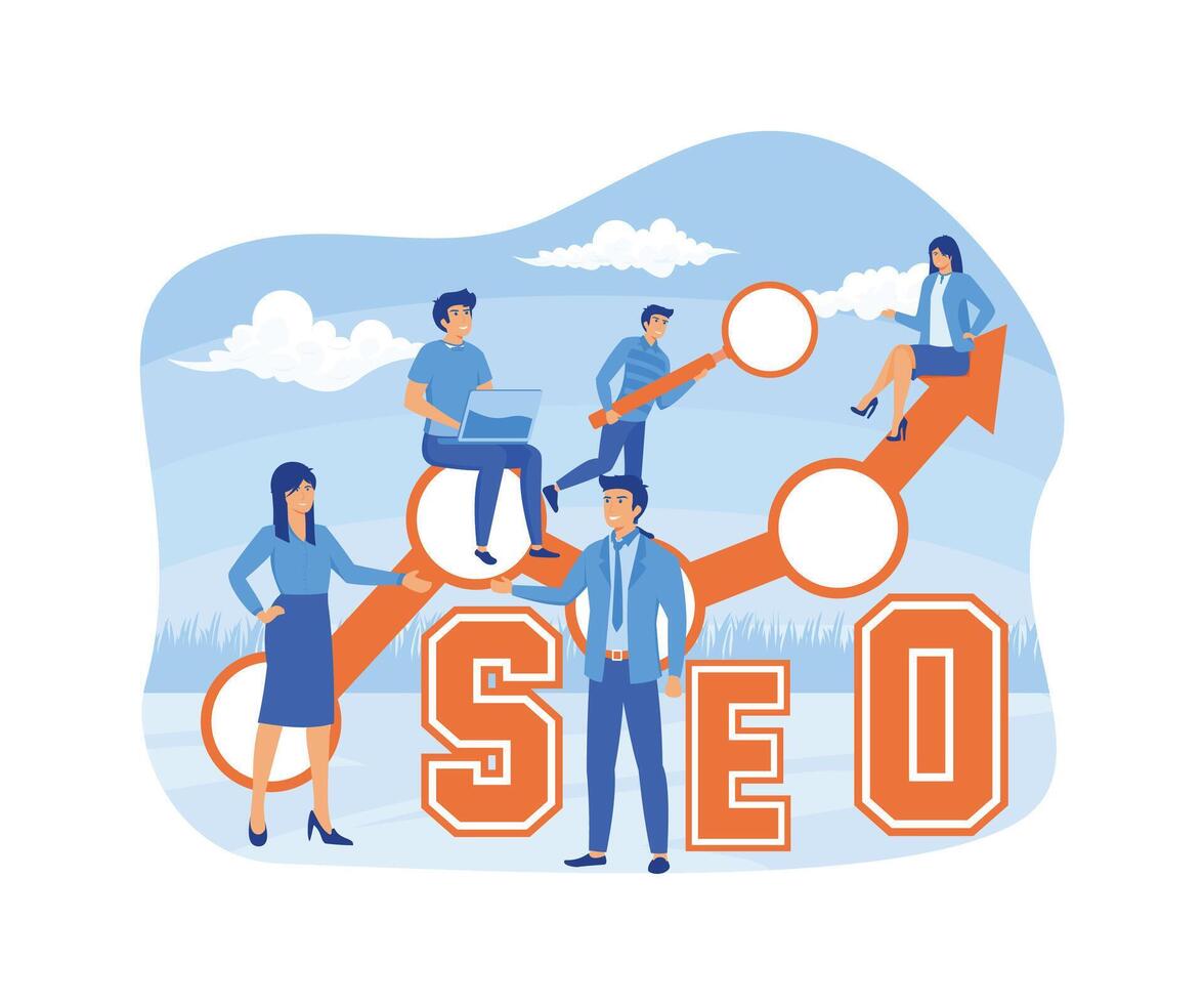 Search Engine Optimization concept. People holding magnifying glass, mouse pointer or using laptop sit on analyzing graph on the word SEO. flat vector modern illustration