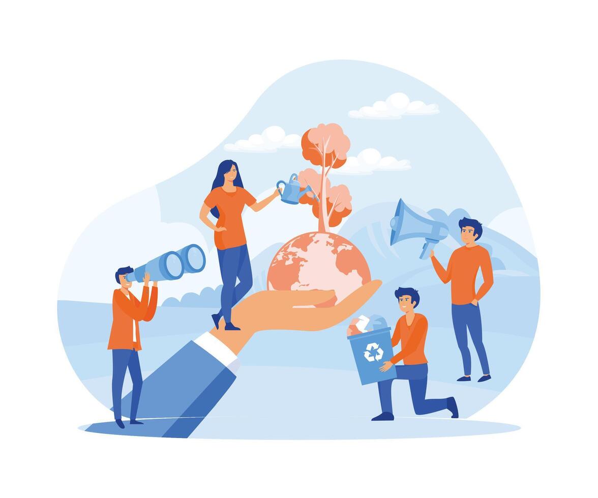 Bio technology concept. People prepare for the holiday, save the planet from pollution, in the big hand the earth with a plant. flat vector modern illustration