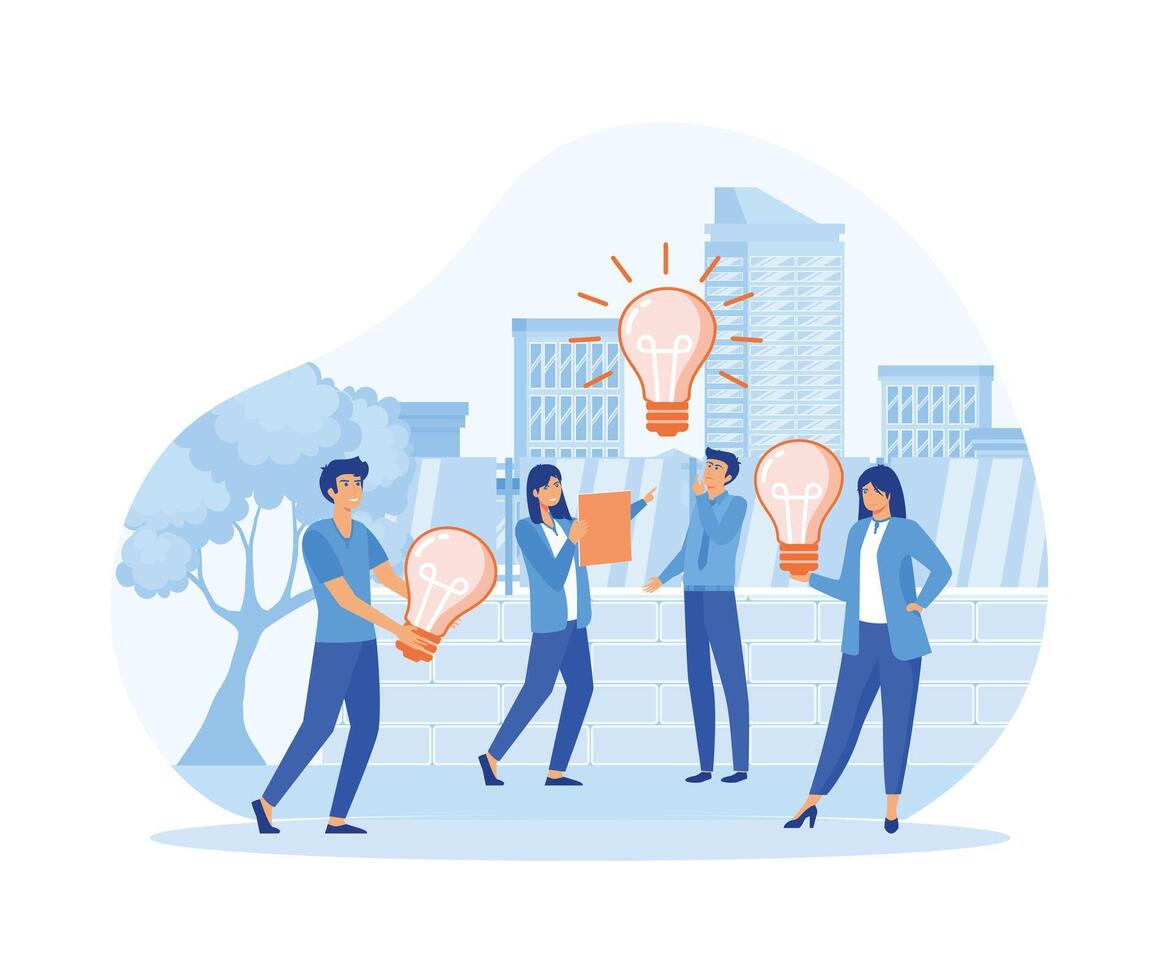 Brainstorm concept. Business team finding solution, thinking, sharing offers, light bulbs. Creativity, creation process.  flat vector modern illustration