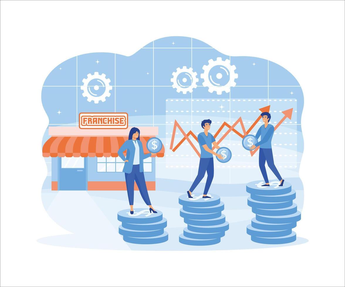 Franchise marketing system. People Start Franchise Small Enterprise, Company with Corporate Headquarter. Shop and Stacks of Money, Graph. flat vector modern illustration