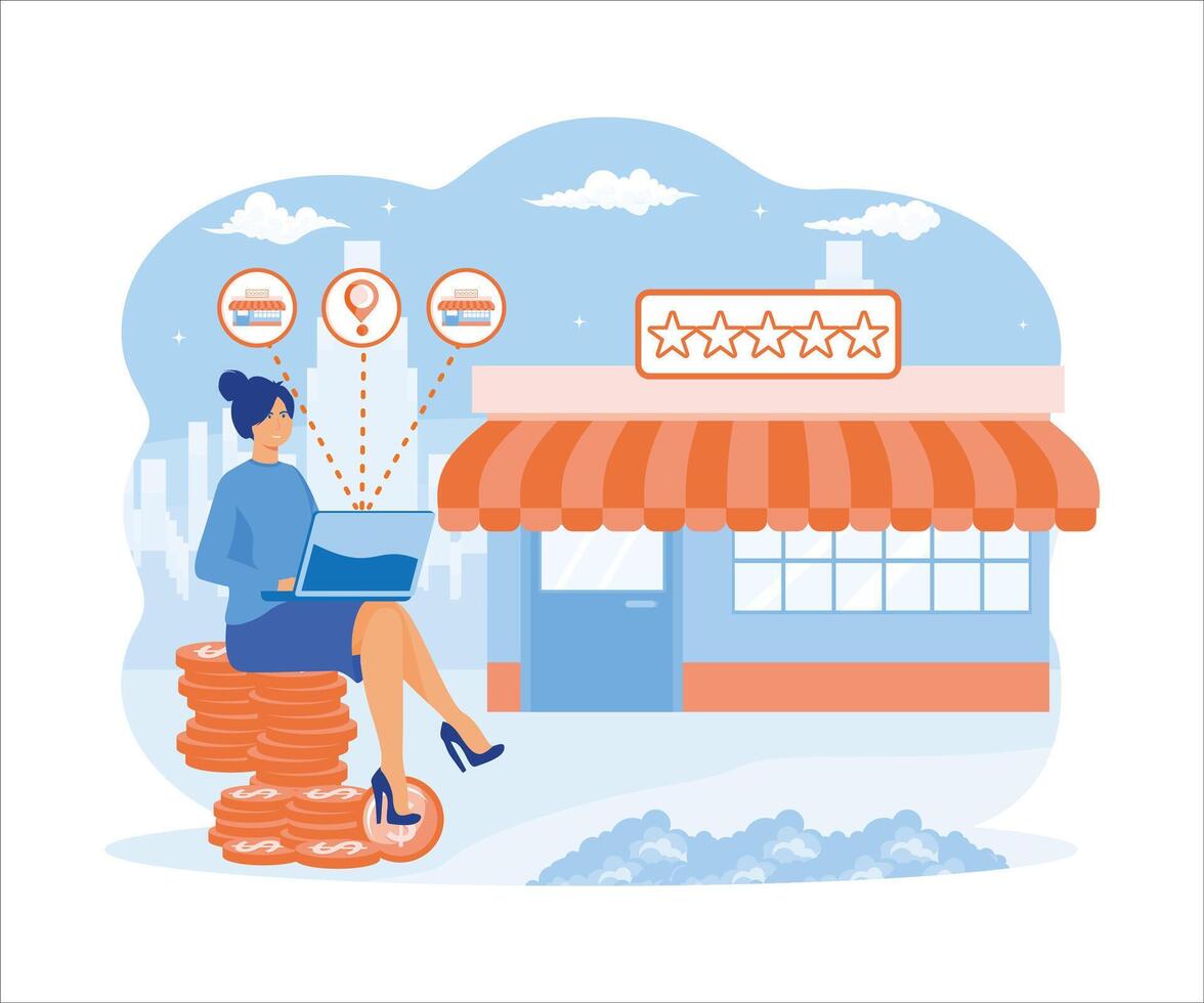 mujer de negocios sentado y comprando un franquicia. comprando un terminado negocio. concepto de negocio industria, franquiciamiento, bizopp, distribución. plano vector moderno ilustración