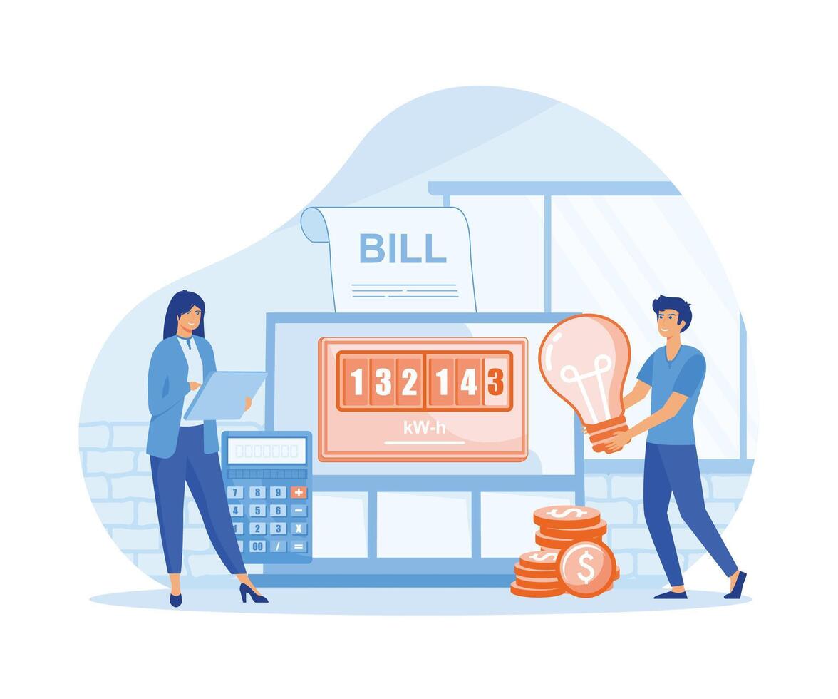 Male and female paying utilities together, worried and stressed over bills. flat vector modern illustration