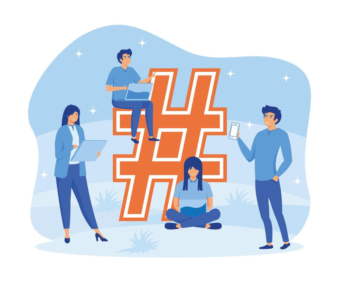 Hashtag concept.  people using laptop for sending posts and sharing them in social media. flat vector modern illustration