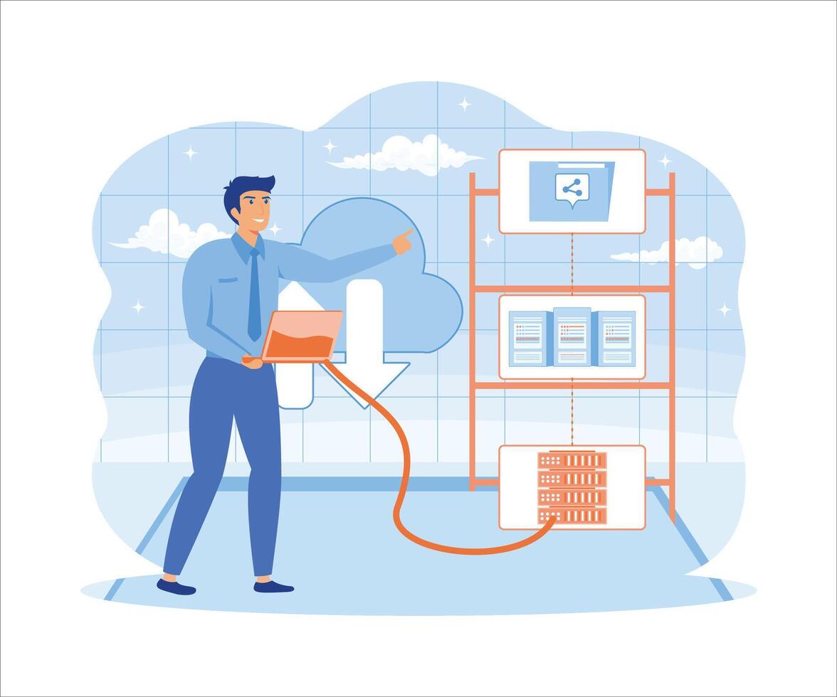 Share file concept. Man sharing file. Data transfer, transfer of documentation, cloud service, file management, electronic document management. flat vector modern illustration