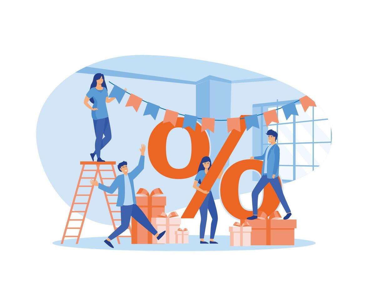 grande descuento concepto. personas comprar en descuento ventas. contento hombre y mujer comprador celebrar grande ventas en almacenar. plano vector moderno ilustración