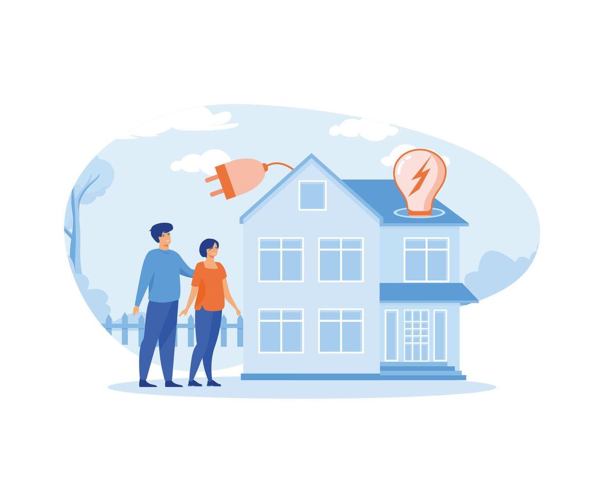 Ecology concept. Man and woman with smart home technology.  Renewable energy.  flat vector modern illustration