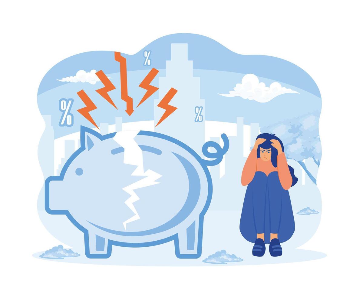 Stressed person sitting at broken piggy bank. Animation ready duik friendly vector. Conceptual business story. Financial crisis, economic recession, bankruptcy, depression. vector
