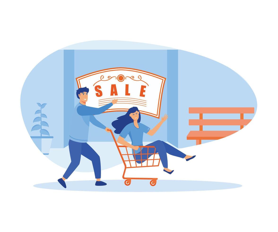 Big sale concept. Man push shopping cart with woman. Big sale shopping.  flat vector modern illustration