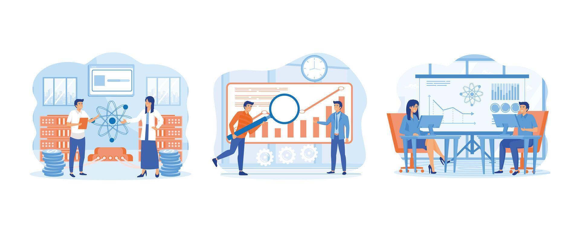 Data Science Concept. People analysis processing and provision of data Research. Visualizer and Analyst working on a project. Set flat vector modern illustration