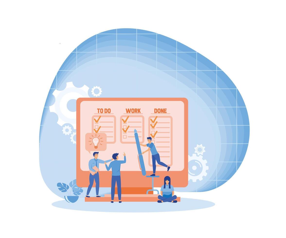 Big computer and programmer team moving cards on electronic kanban task board. Online kanban board app, agile visual project management method. flat vector modern illustration