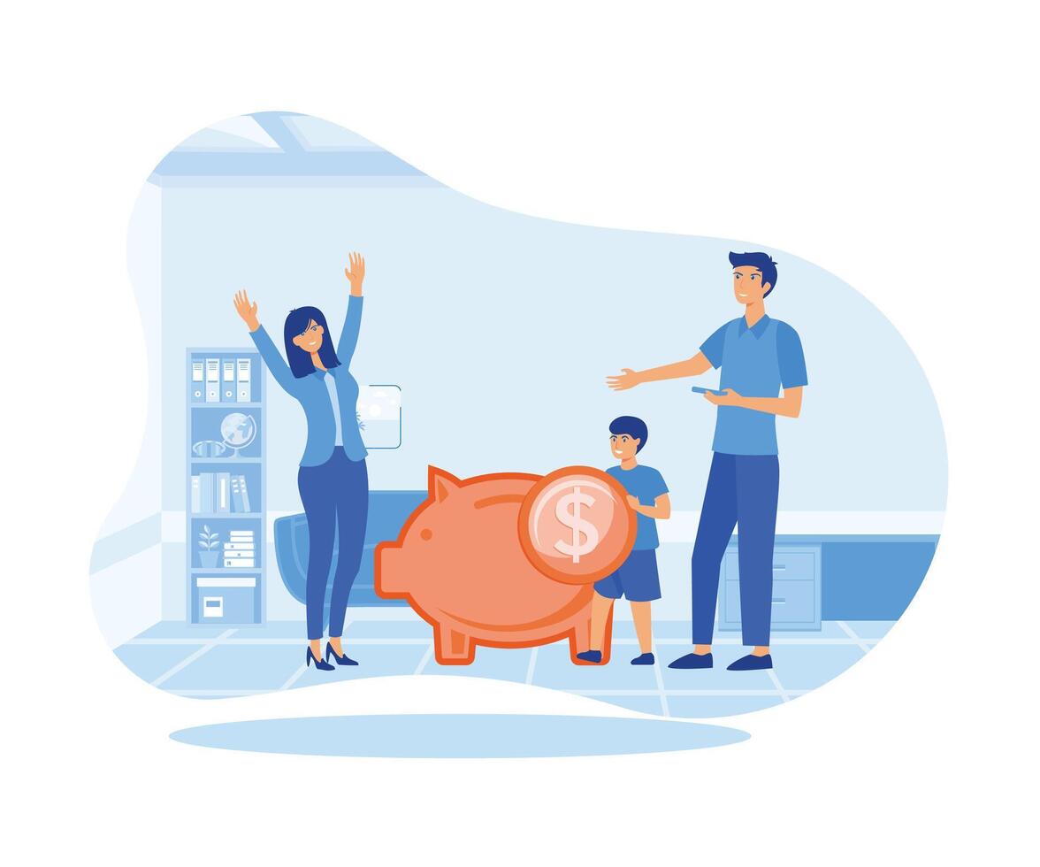 Father and mother teach children to save money. Saving money home, budget, financial management. flat vector modern illustration