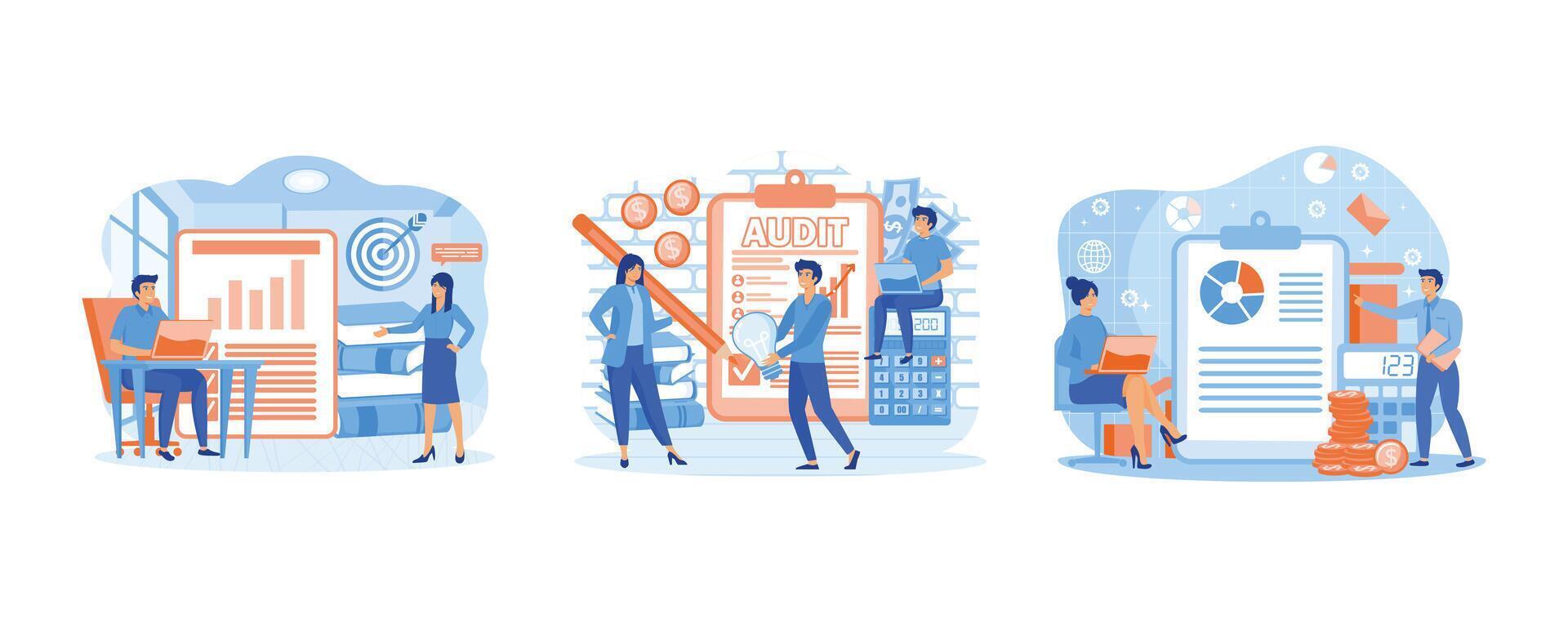 Audit concept. Business operation research and analysis. Financial inspection. Set flat vector modern illustration