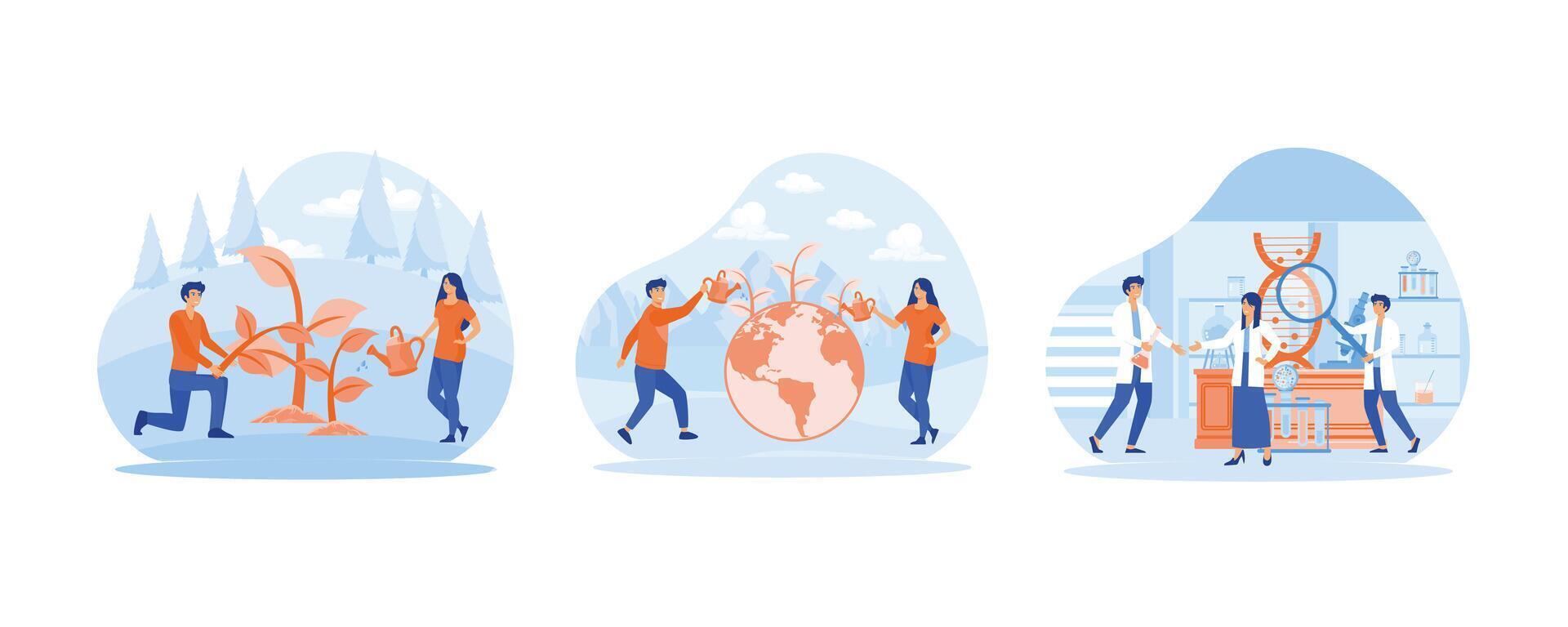 Bio technology. World Environment Day. Biology and chemistry experiments using gene technology in laboratory. Set flat vector modern illustration