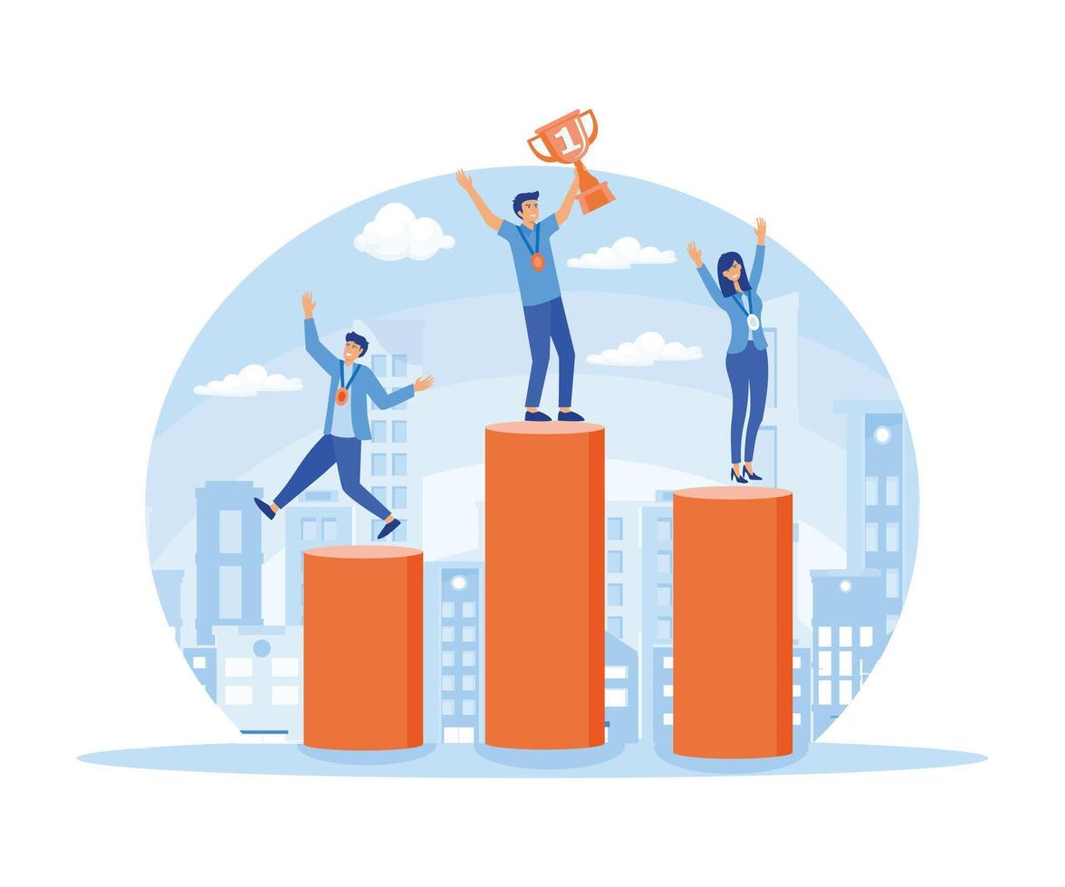 Success Business Team concept. People standing on the podium rank first three places, jumps in the air with trophy cup.  flat vector modern illustration