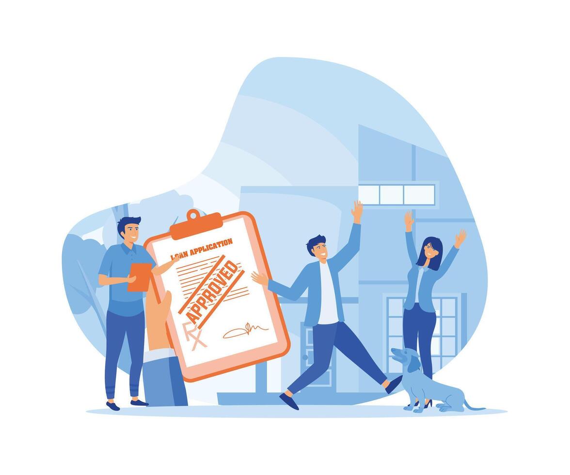 Credit agent holds loan approval application document with approved stamp in hand . People borrow money from bank to buy real estate or auto. flat vector modern illustration