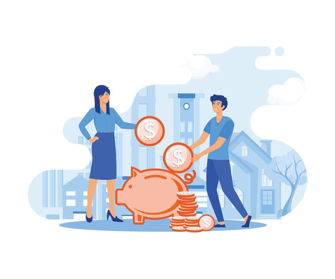 casado Pareja salvar monedas en cerdito banco. familia presupuesto, hogar ahorros y inversión dinero. futuro financiero planificación. plano vector moderno ilustración