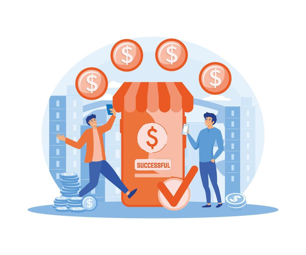 Sent money, coins, cash to electronic account on Internet to man. Banking services on web site. Successful transaction. flat vector modern illustration