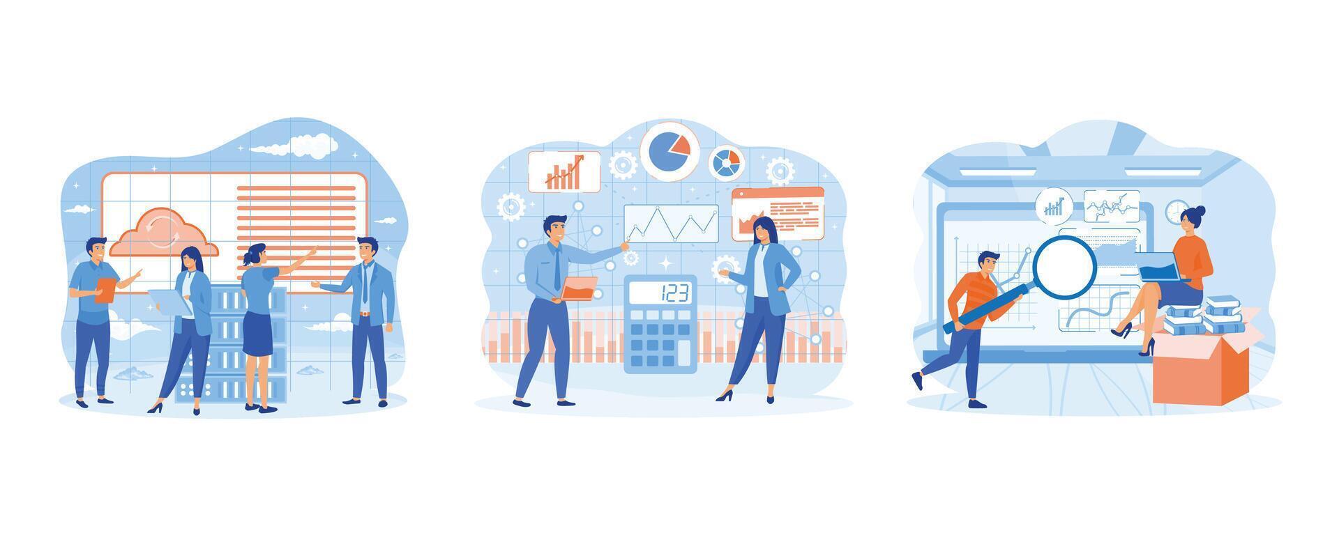 Data visualization. Data analysis. People characters working with data visualization, analyzing tables, charts and graphs at business dashboard. set flat vector modern illustration