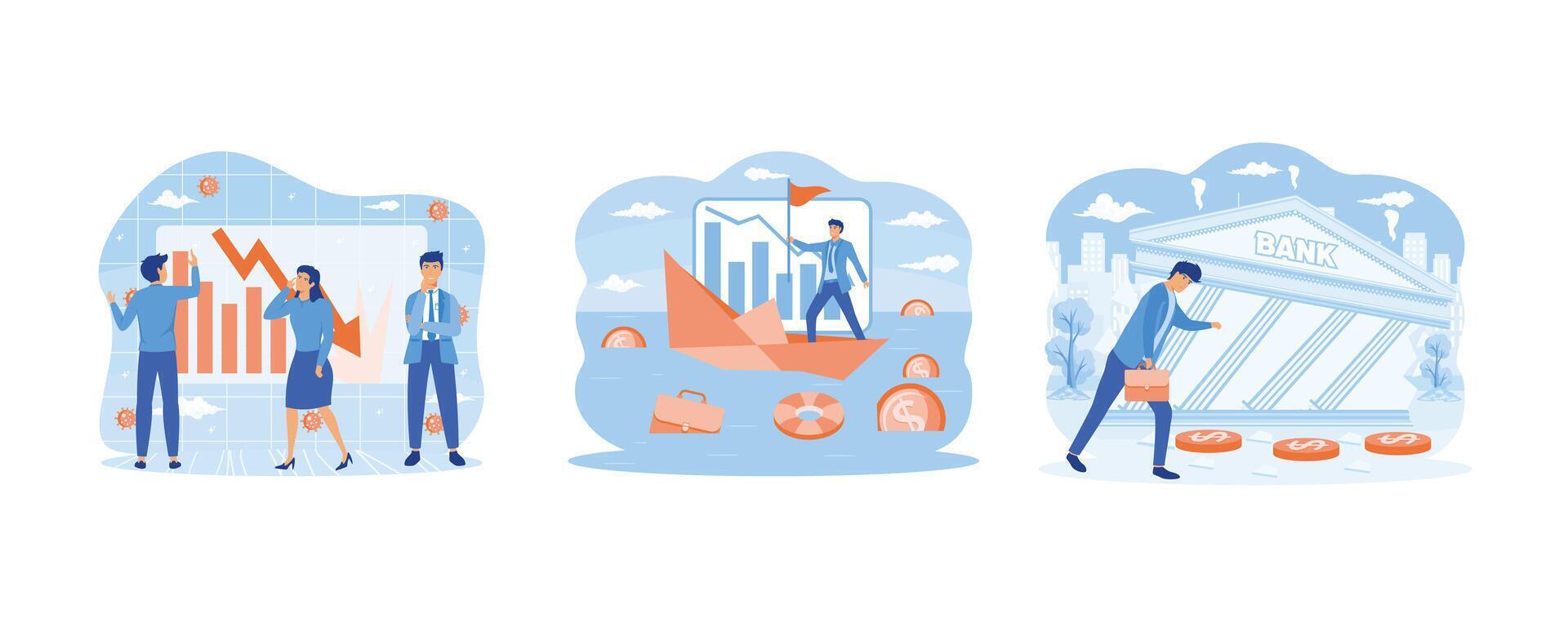 Bankruptcy business concept.  Tiny person with broke company. Sinking business process in financial crisis. Frustrated businessman look at collapsing bank building. Set flat vector modern illustration