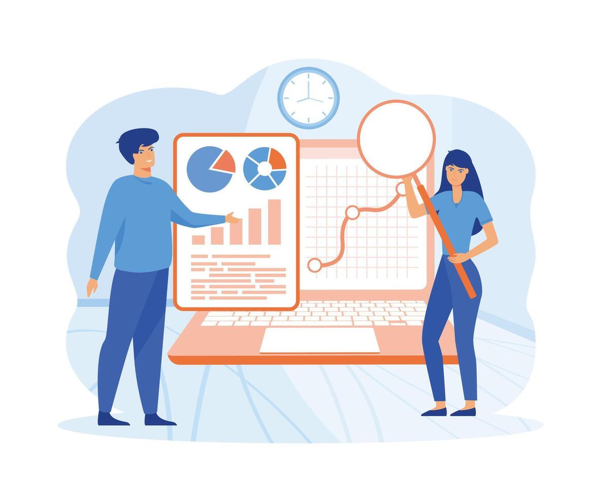 Audit concept. Man and woman analyzing Business operation using magnifying glass. Financial inspection.  flat vector modern illustration