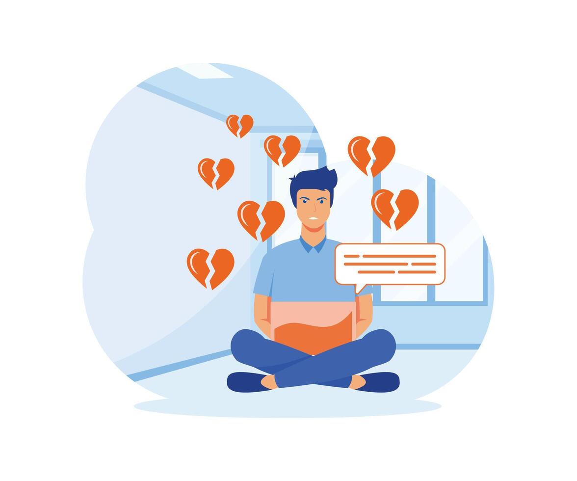 Online dating and chatting. Aggressive man sits cross-legged with a cell phone with broken hearts.  flat vector modern illustration