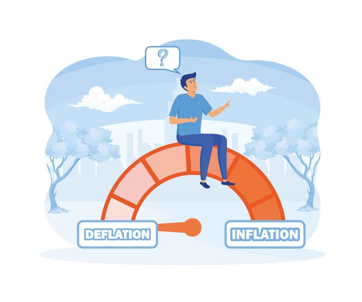 indicador de desinflado e inflado. encontrar un equilibrio financiero y económico. gestión del riesgo de la crisis económica. un hombre de negocios se sienta en un medidor de dinero para evaluar los riesgos económicos. vector