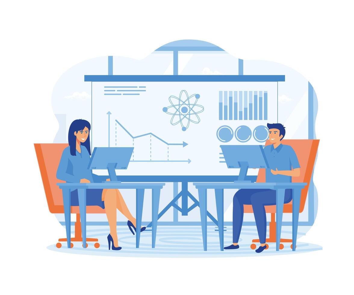 Data science concept. Software Engineer, Statistician, Visualizer and Analyst working on a project.  flat vector modern illustration