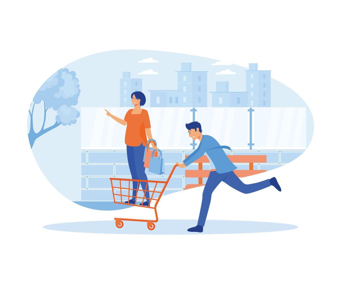Big sale concept. Happy young couple family with man pushing beautiful lady holding shopping bags on shopping cart trolley.  flat vector modern illustration