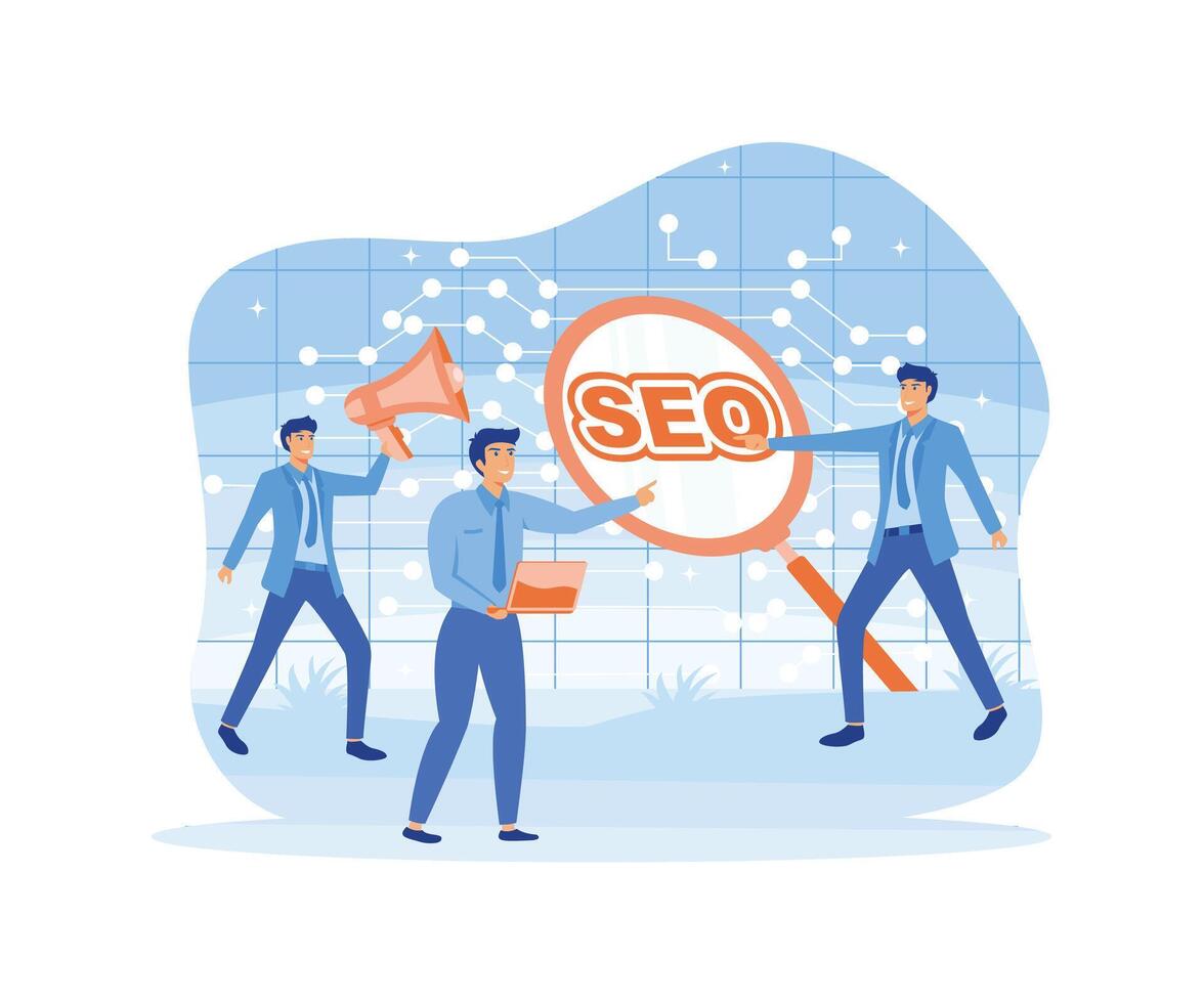 Search Engine Optimization or Social media, young people, advertising agency worker working on internet and digital line with SEO magnifying glass. vector